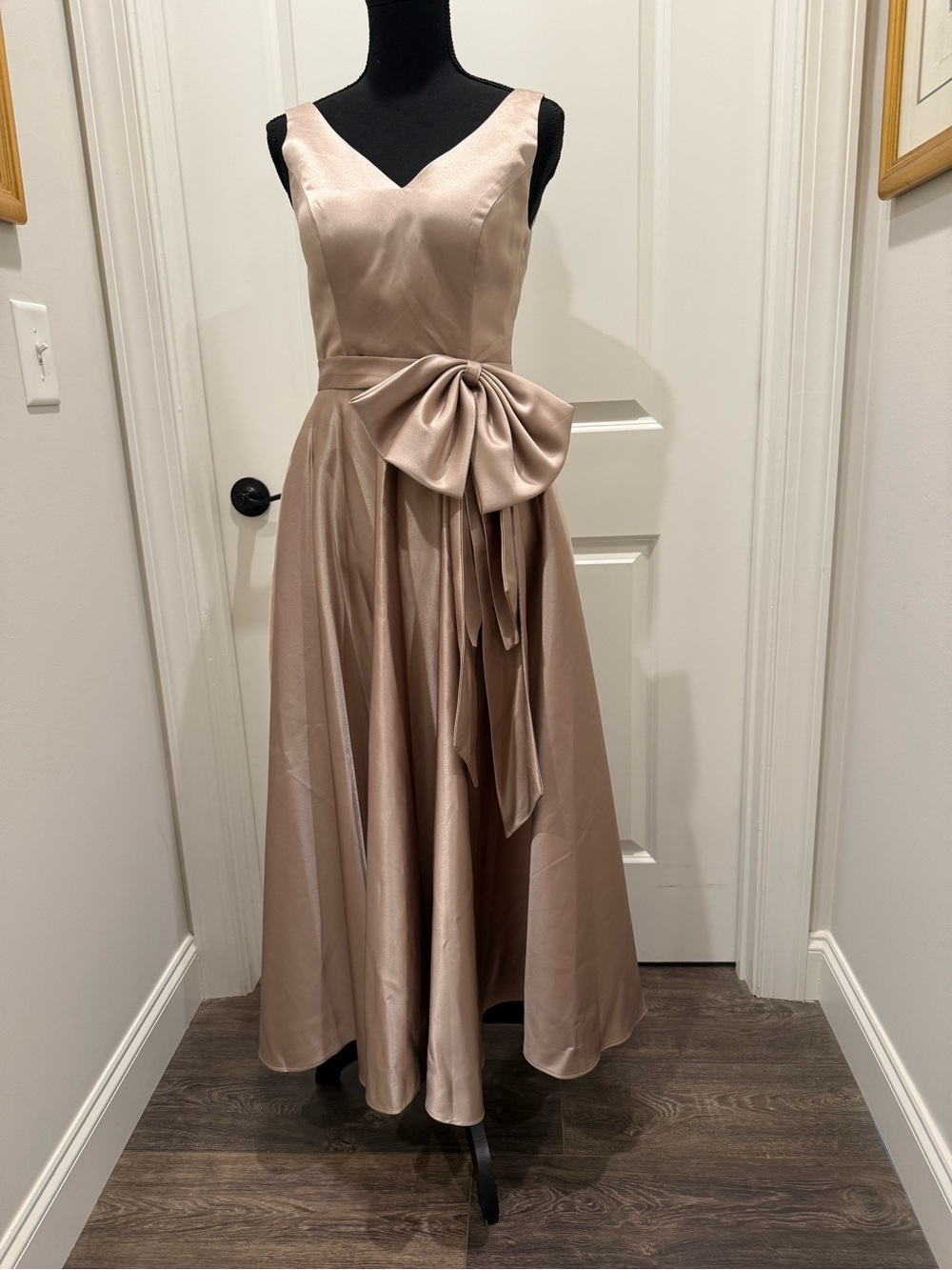Custom Made Satin Formal Gown Champagne Blush Bow Dress Pockets XS